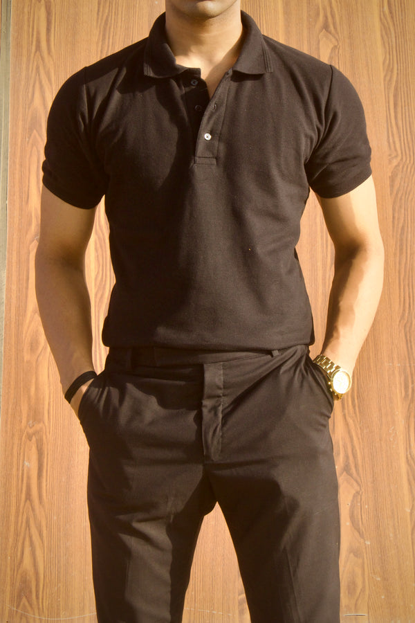 Statement textured  Black polo t shirt