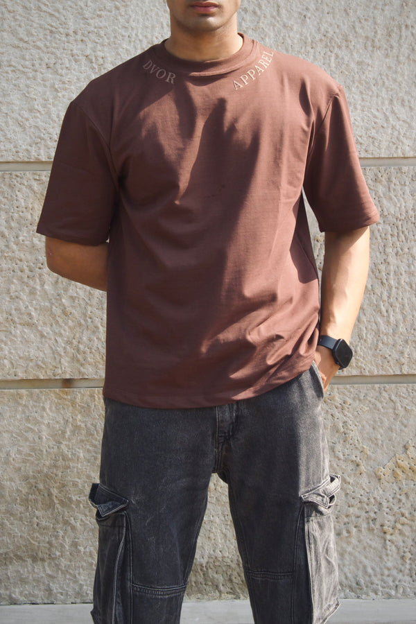 Brown typography printed round neck t shirt
