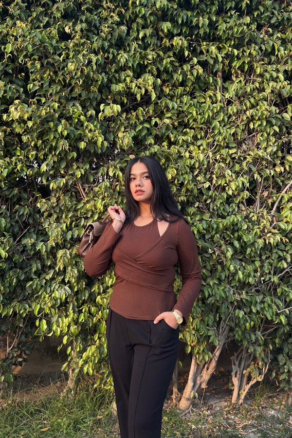Mocha brown Cut-out rib knit wrap top